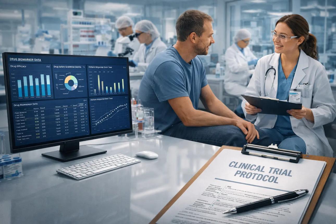 Clinical researchers discussing a clinical trial protocol in a medical setting, with clinical data displayed on a computer monitor.