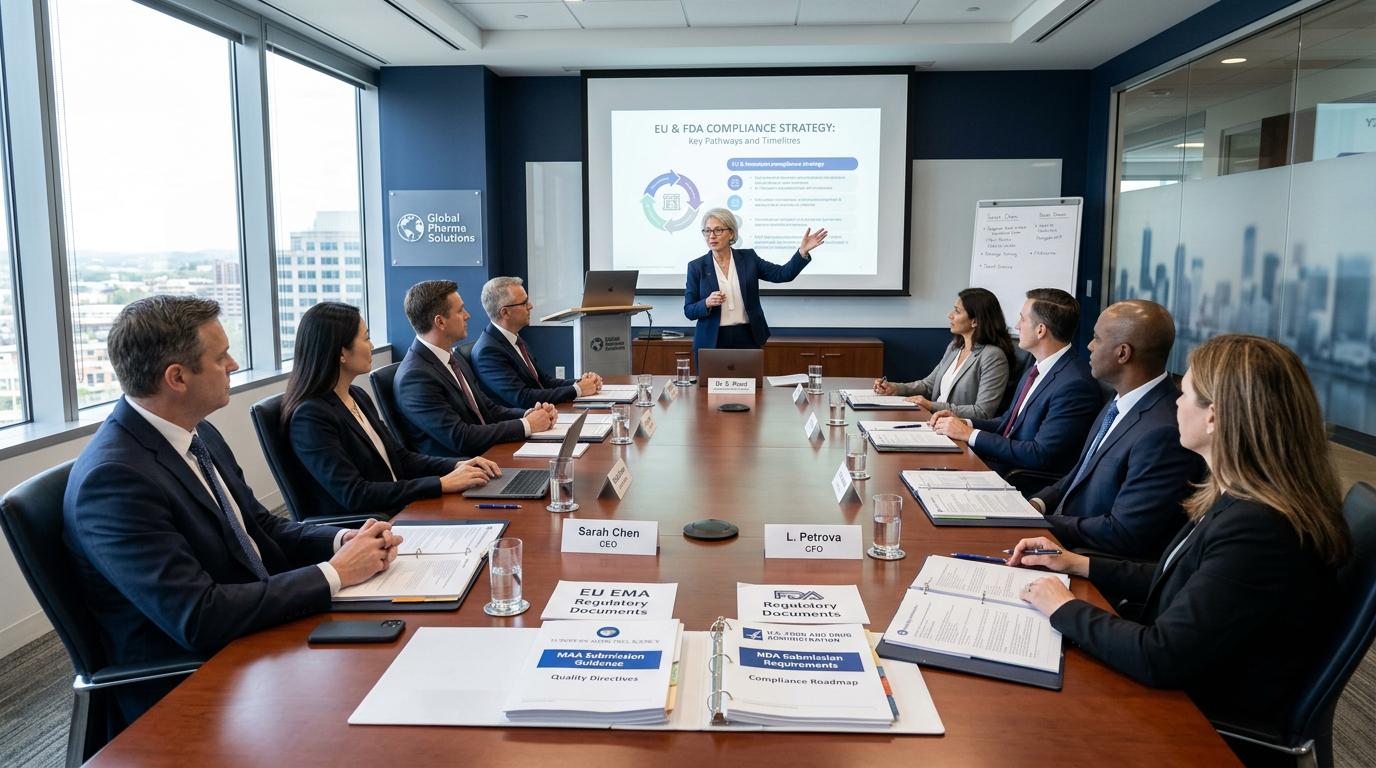 Pharmaceutical and biotechnology professionals attending a regulatory strategy meeting in a conference room.