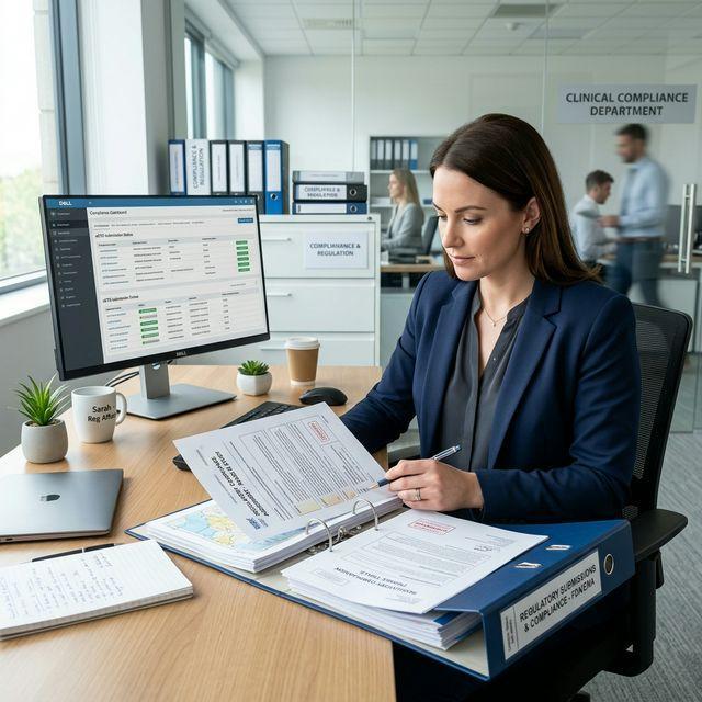 A regulatory affairs professional reviewing documents and computer records at an office desk.